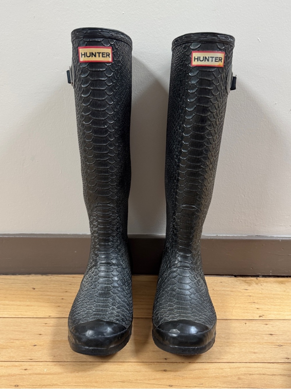 Hunter Black Snake-Embossed Knee-High Boots